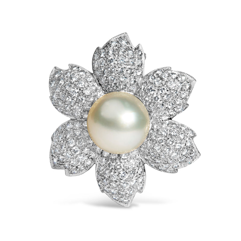 Bids.com 18K White Gold 2 3/4 Cttw Diamond and 12.5 MM Cultured Freshwater Pearl Floral Brooch Pin (G-H Color, VS1-VS2 Clarity) Accessories