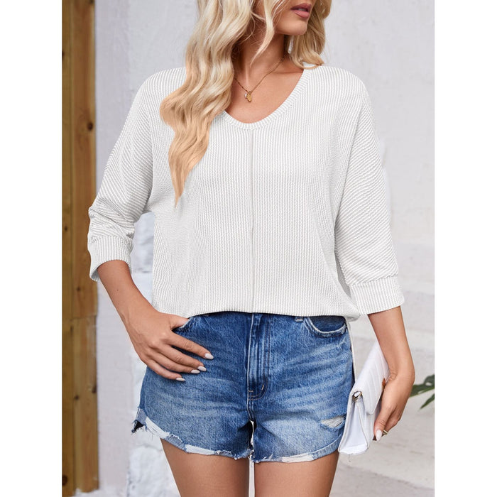 Textured Round Neck Three-Quarter Sleeve Blouse