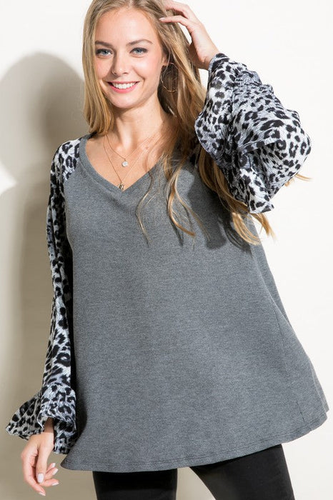 Plus Solid Cheetah Mixed Blouse Top