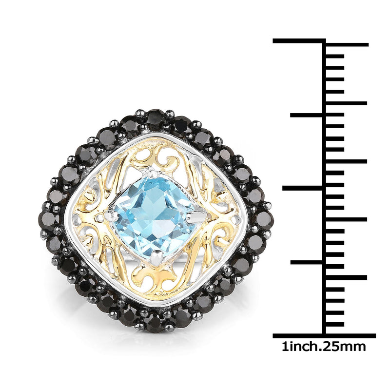 Bids.com Two Tone Plated 2.85 Carat Genuine Swiss Blue Topaz and Black Spinel .925 Sterling Silver Ring Rings
