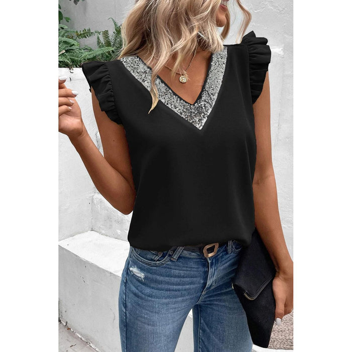 Sequin V-Neck Cap Sleeve Blouse