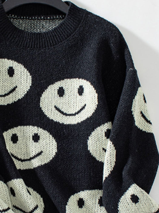 Smile Pattern Round Neck Long Sleeve Sweater