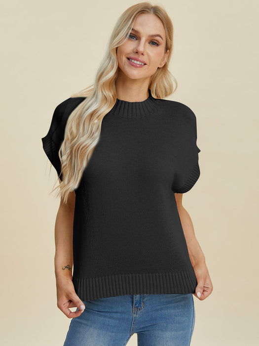 Full Size Mock Neck Short Sleeve Sweater