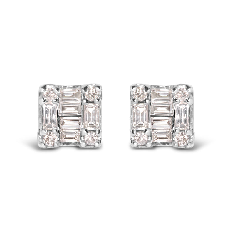 Bids.com 10K White Gold 1/7 Cttw Round and Baguette Diamond Mosaic Square Stud Earrings (H-I Color, I1-I2 Clarity) Earrings
