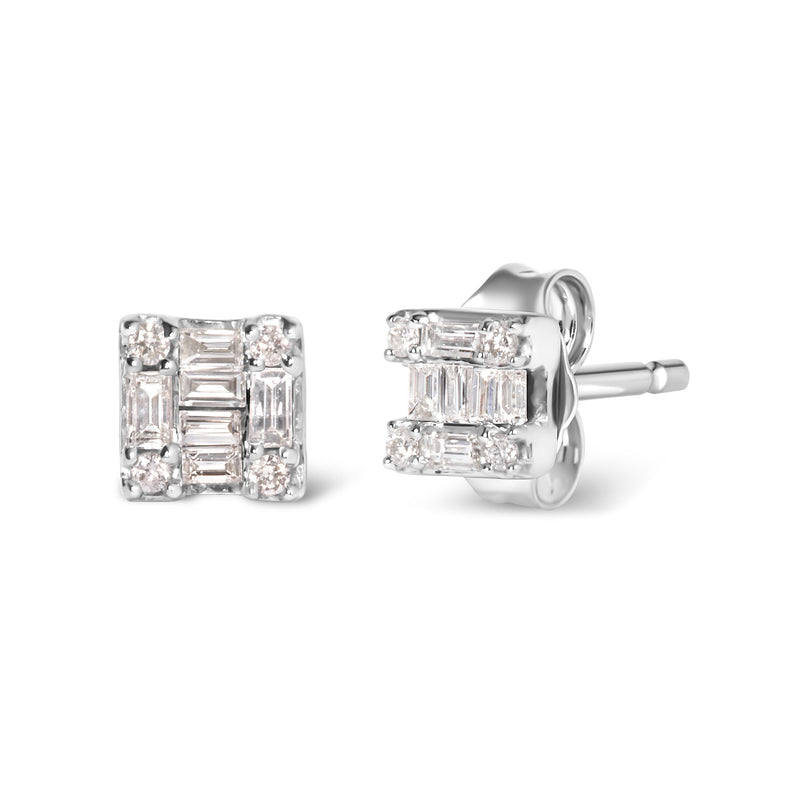 Bids.com 10K White Gold 1/7 Cttw Round and Baguette Diamond Mosaic Square Stud Earrings (H-I Color, I1-I2 Clarity) Earrings