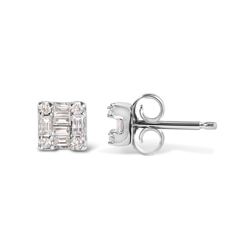 Bids.com 10K White Gold 1/7 Cttw Round and Baguette Diamond Mosaic Square Stud Earrings (H-I Color, I1-I2 Clarity) Earrings