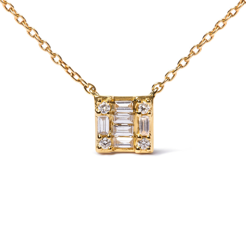 Bids.com 10K Yellow Gold 1/10 Cttw Round and Baguette Diamond Mosaic Composite Square 18" Inch Pendant Necklace (H-I Color, I1-I2 Clarity) Necklaces