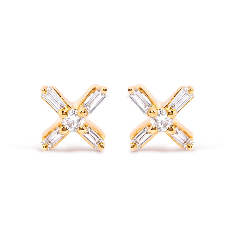 Bids.com 10K Yellow Gold 1/10 Cttw Round and Baguette Diamond Criss Cross X Stud Earring (H-I Color, I1-I2 Clarity) Earrings