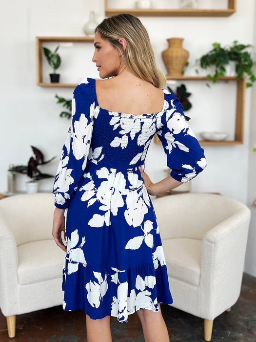 Floral Ruffle Hem Smocked Dress in Royal Blue