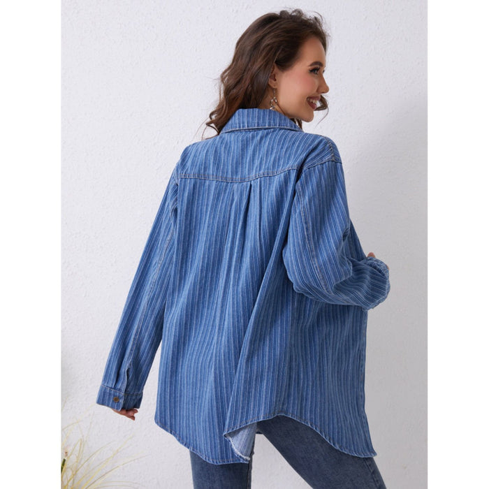 Pocketed Striped Button Up Denim Shirt