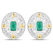 Bids.com 0.69 Carat Genuine Zambian Emerald and White Diamond .925 Sterling Silver Earrings Earrings