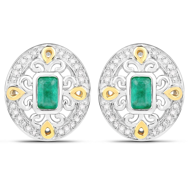 Bids.com 0.69 Carat Genuine Zambian Emerald and White Diamond .925 Sterling Silver Earrings Earrings