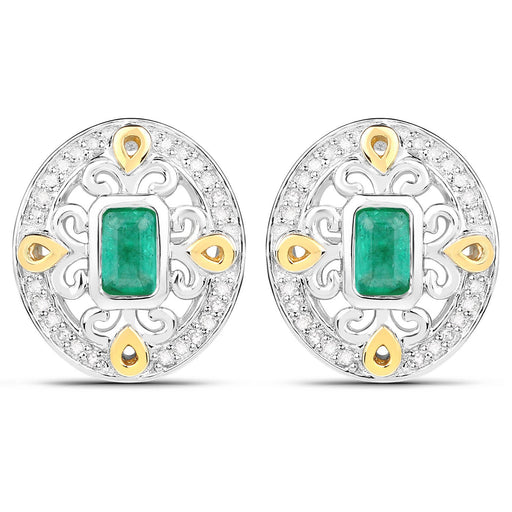 Bids.com 0.69 Carat Genuine Zambian Emerald and White Diamond .925 Sterling Silver Earrings Earrings