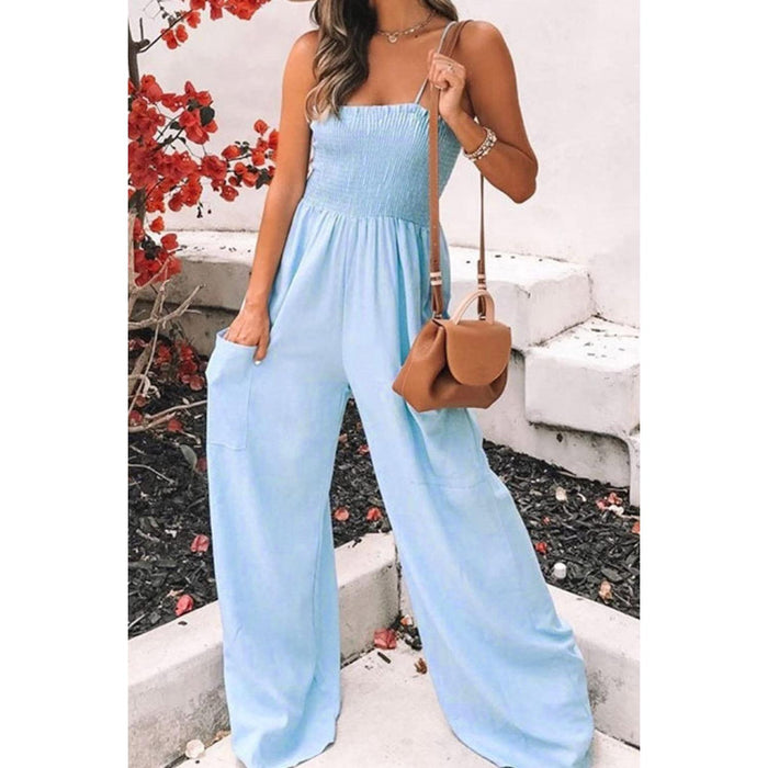 Smocked Spaghetti Strap Wide Leg Jumpsuit