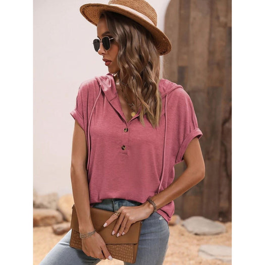 Half Button Hooded Short Sleeve Blouse