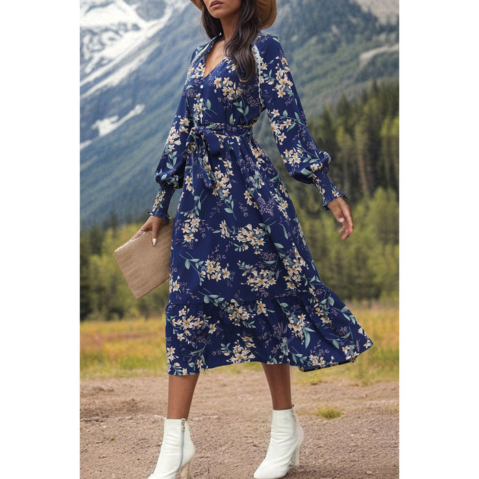 Printed Notched Lantern Sleeve Midi Dress