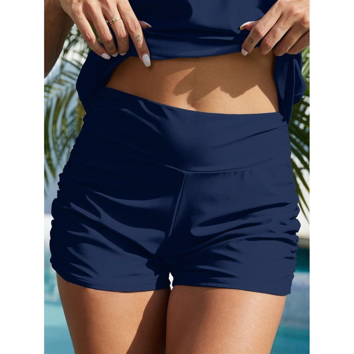 Ruched Mid-Rise Waist Swim Shorts