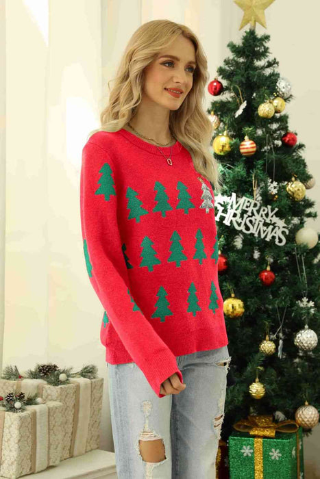 Christmas Tree Round Neck Ribbed Trim Sweater by VYSN