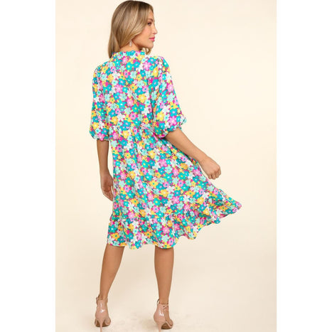 Bubble Sleeve Floral Ruffled Dress