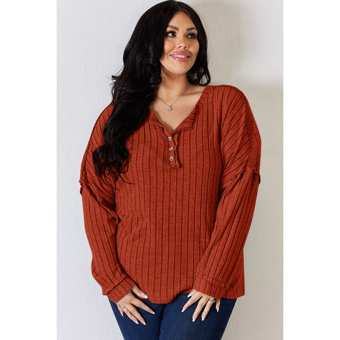 Basic Bae Ribbed Half Button Long Sleeve T-Shirt