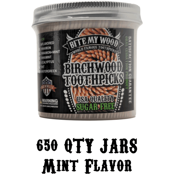 Bitemywood Flavored High Quality Usa Birchwood Toothpicks In Plastic Jars - 2 Sizes Available