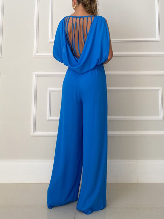 High-Low Wide Leg Backless Hollow Solid Color Round-Neck Jumpsuits Bottoms by migunica