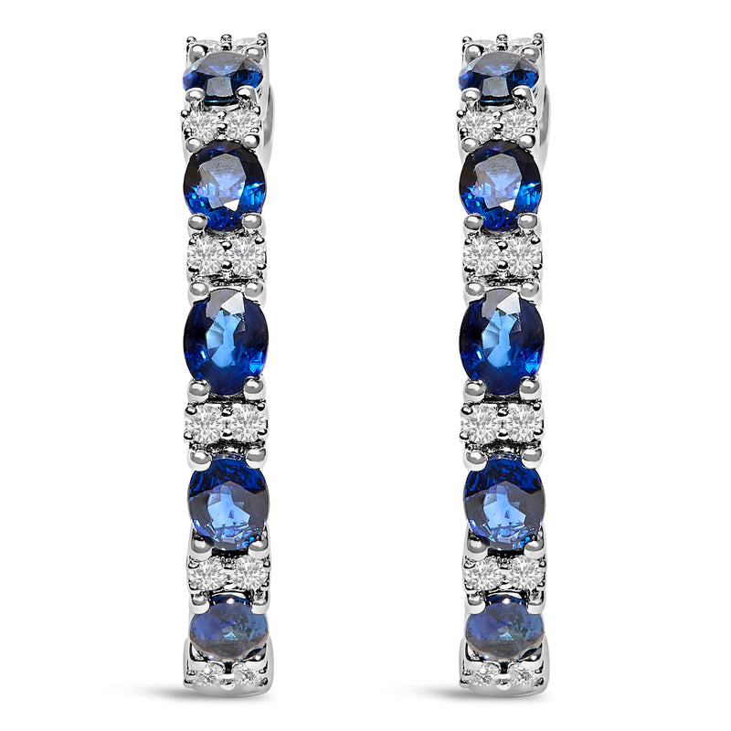 Bids.com 14K White Gold 4x3mm Oval Blue Sapphire and 1/4 Cttw Diamond Alternating Hoop Earring (I-J Color, SI2-I1 Clarity) Earrings