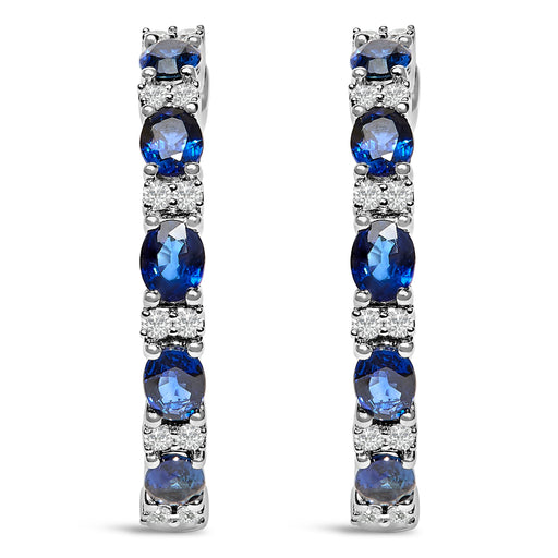 Bids.com 14K White Gold 4x3mm Oval Blue Sapphire and 1/4 Cttw Diamond Alternating Hoop Earring (I-J Color, SI2-I1 Clarity) Earrings