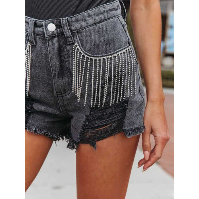 Distressed Fringe Denim Shorts with Pockets