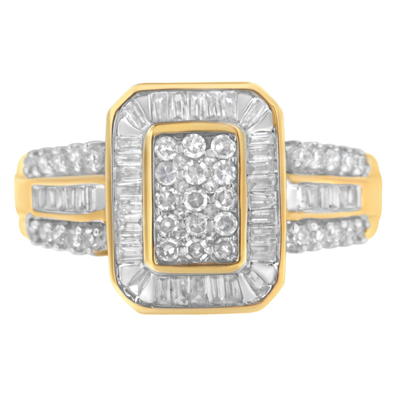 Bids.com 10K Yellow Gold Round and Baguette-Cut Diamond Cluster Ring (1.0 Cttw, I-J Color, SI1-SI2 Clarity) - Size 7 Rings
