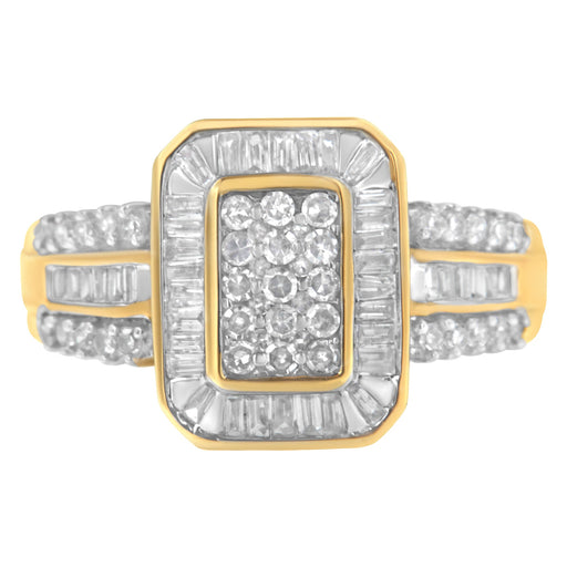 Bids.com 10K Yellow Gold Round and Baguette-Cut Diamond Cluster Ring (1.0 Cttw, I-J Color, SI1-SI2 Clarity) - Size 7 Rings