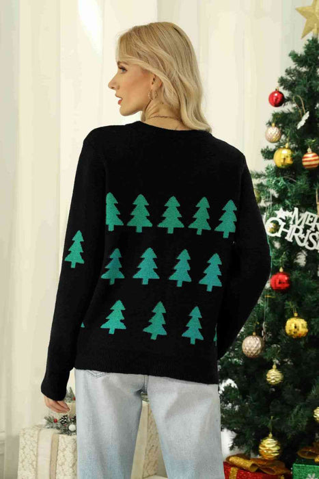 Christmas Tree Round Neck Ribbed Trim Sweater by VYSN