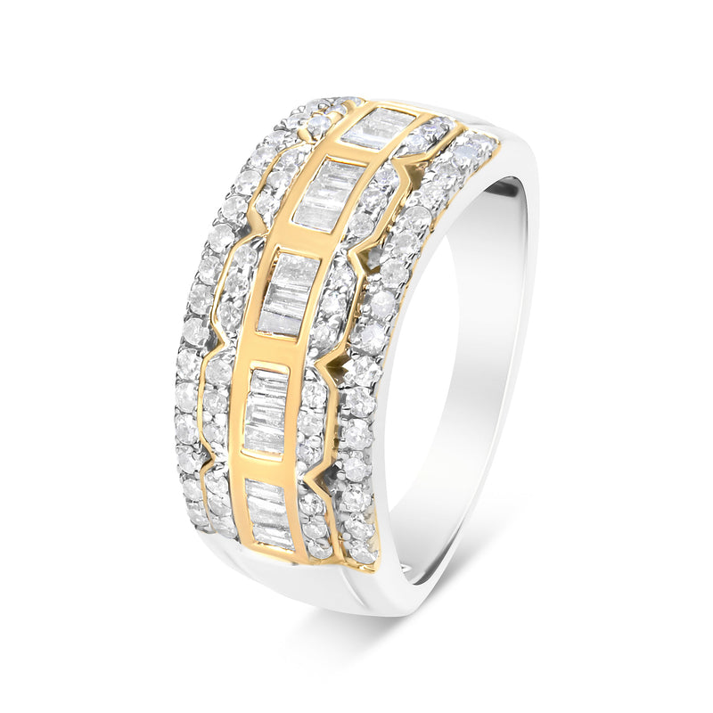 Bids.com 10K White and Yellow Gold 1.00 Cttw Baguette and Round cut Diamond Art Deco Multi-Row Ring Band (I-J Color, I1-I2 Clarity) - Ring Size 7 Rings