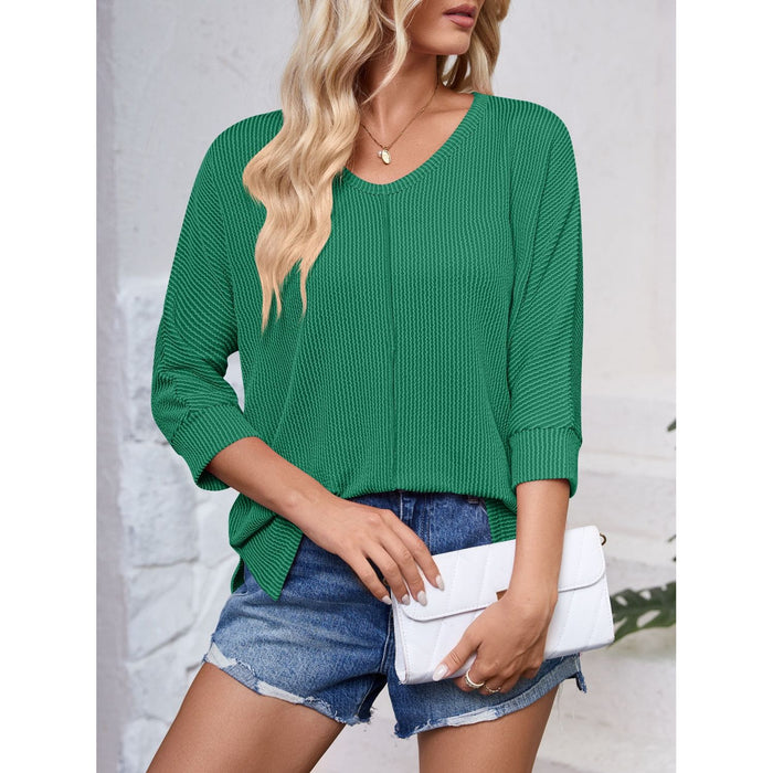 Textured Round Neck Three-Quarter Sleeve Blouse