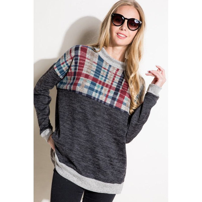 Plus Solid Plaid Mock Neck Top