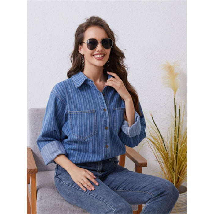 Pocketed Striped Button Up Denim Shirt