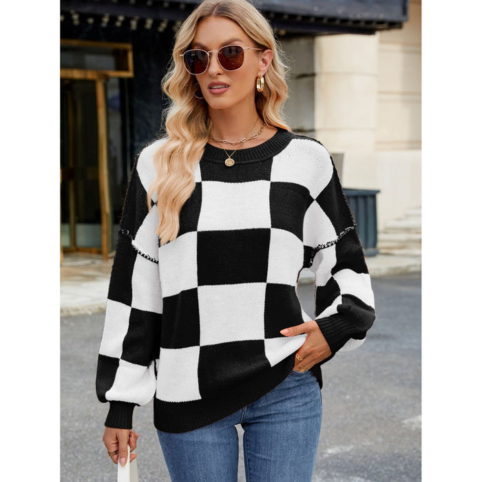 Checkered Round Neck Long Sleeve Sweater