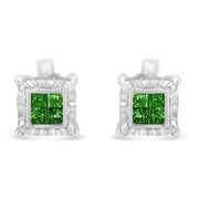 Bids.com Sterling Silver Color Treated Princess Diamond Quad Stud Earring (1/2 cttw, Green Color, I1-I2 Clarity) Earrings