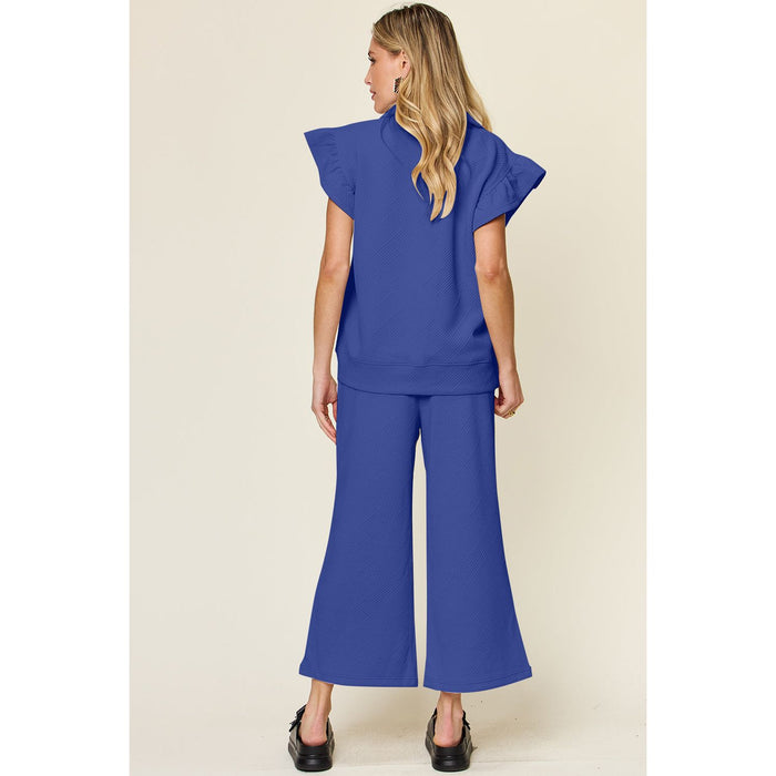 Texture Ruffle Short Sleeve Top and Drawstring Wide Leg Pants Set