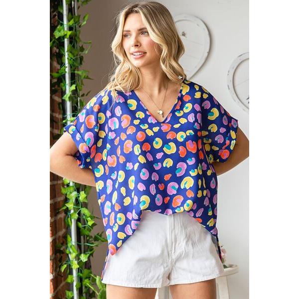 First Love Printed V-Neck Short Sleeve Blouse