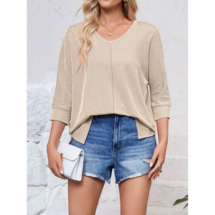 Textured Round Neck Three-Quarter Sleeve Blouse