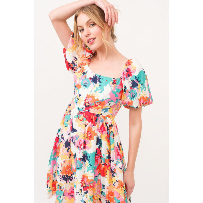 Square Neck Puff Sleeve Floral Dress