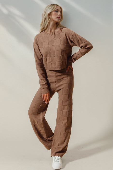 Full Size Checkered Round Neck Top and Pants Set