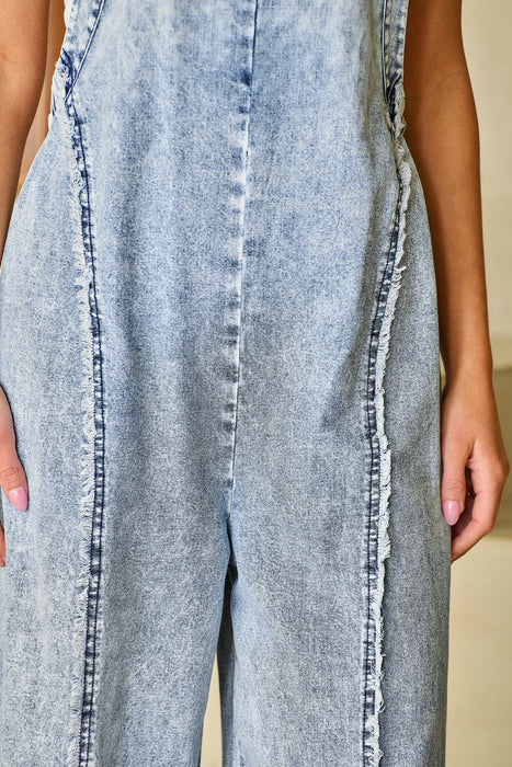 Frayed Exposed Seam Wide Leg Denim Overall