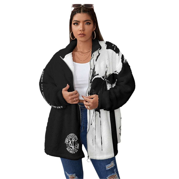 Black and White Skull - Oversize Fuzzy Fleece Zip Up (Plus Size)