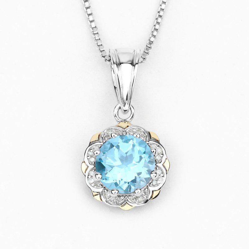 Bids.com 2.32 Carat Genuine Swiss Blue Topaz and White Diamond 14K Yellow Gold with .925 Sterling Silver Pendant Pendants