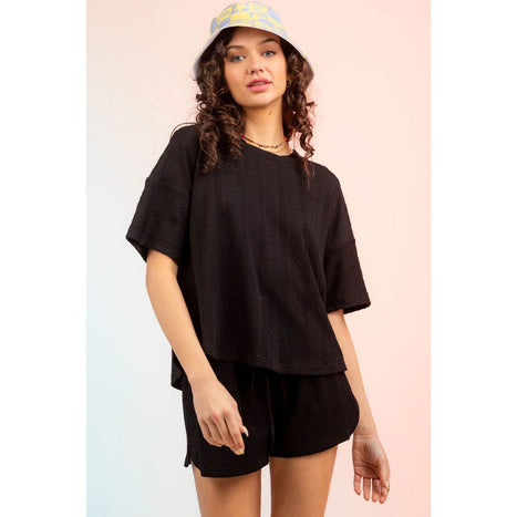 Textured Round Neck Top and Shorts Set