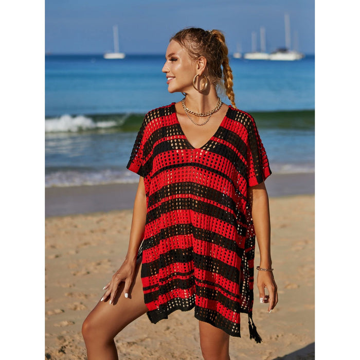 Tassel Openwork Striped V-Neck Cover Up