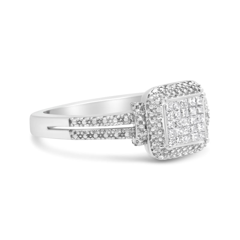 Bids.com .925 Sterling Silver 1/4 Cttw Princess-cut Diamond Composite Ring with Beaded Halo (H-I Color, SI1-SI2 Clarity) - Size 7 Rings