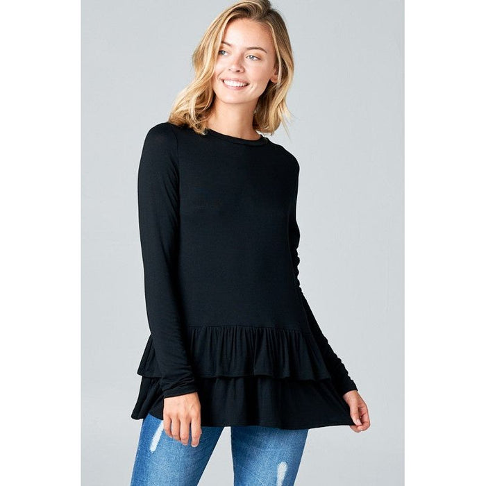 RUFFLE BOTTOM LONG SLEEVE ROUND NECK TUNIC TOP